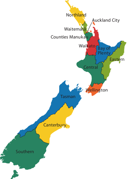 A map of the 12 New Zealand Police Districts